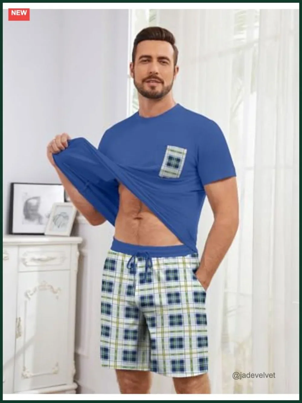 Cotton Blend 2 Piece Plaid Pajama Set Short Sleeve & Shorts